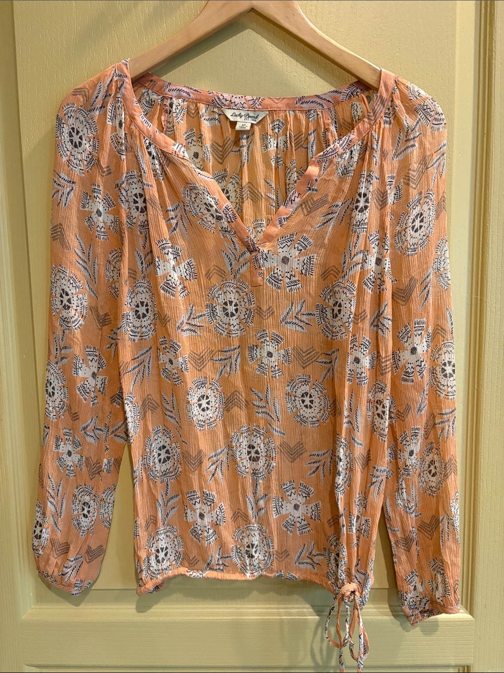 Lucky Brand Peach Floral Tie-Hem Boho Blouse